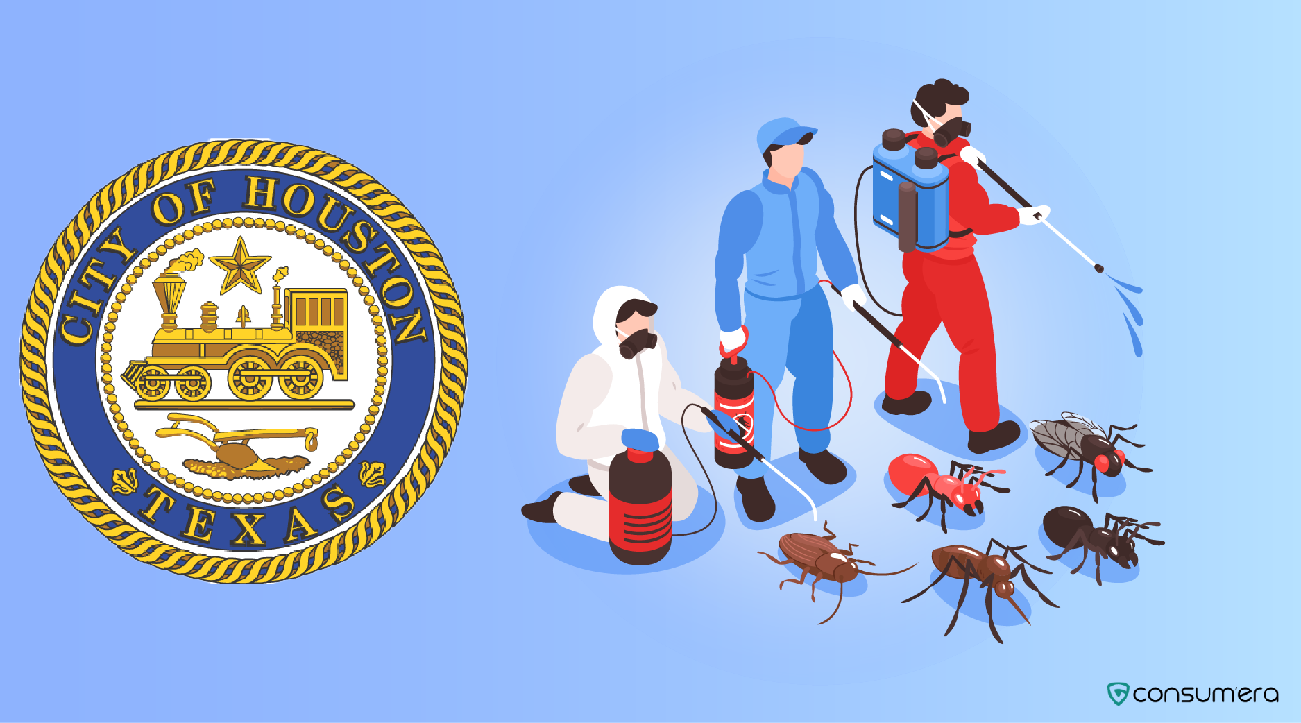 an image consisting of Houston city symbol and pest control professionals trying to keep the city clean.