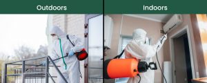 pest control professionals spraying chemicals for pest control inside and outside the apartment.